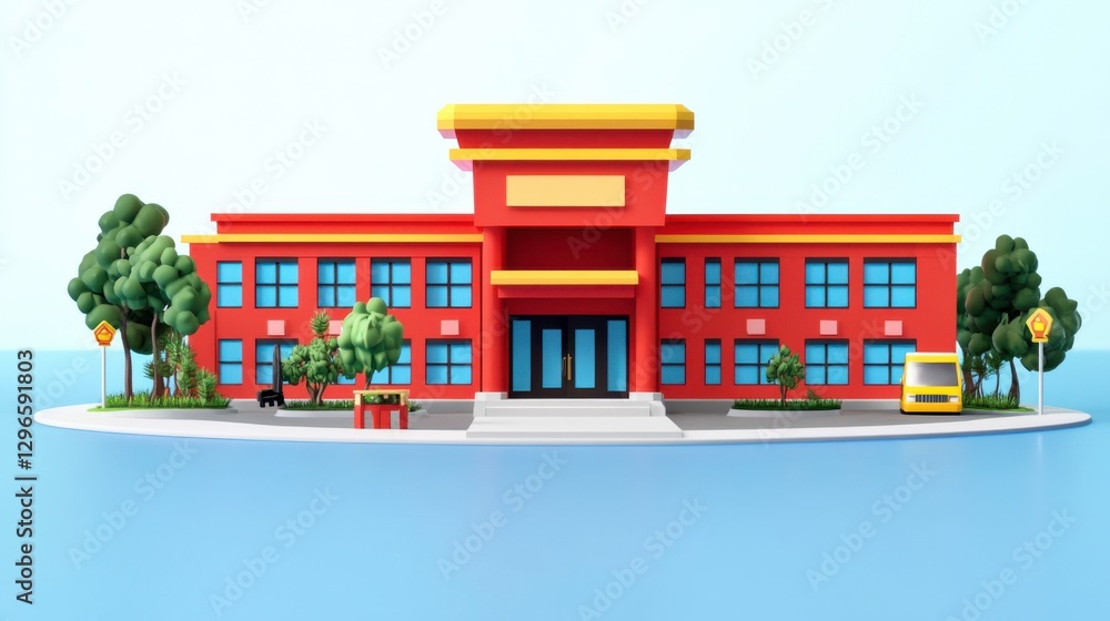Poster minimalist design of a red building with soft lighting