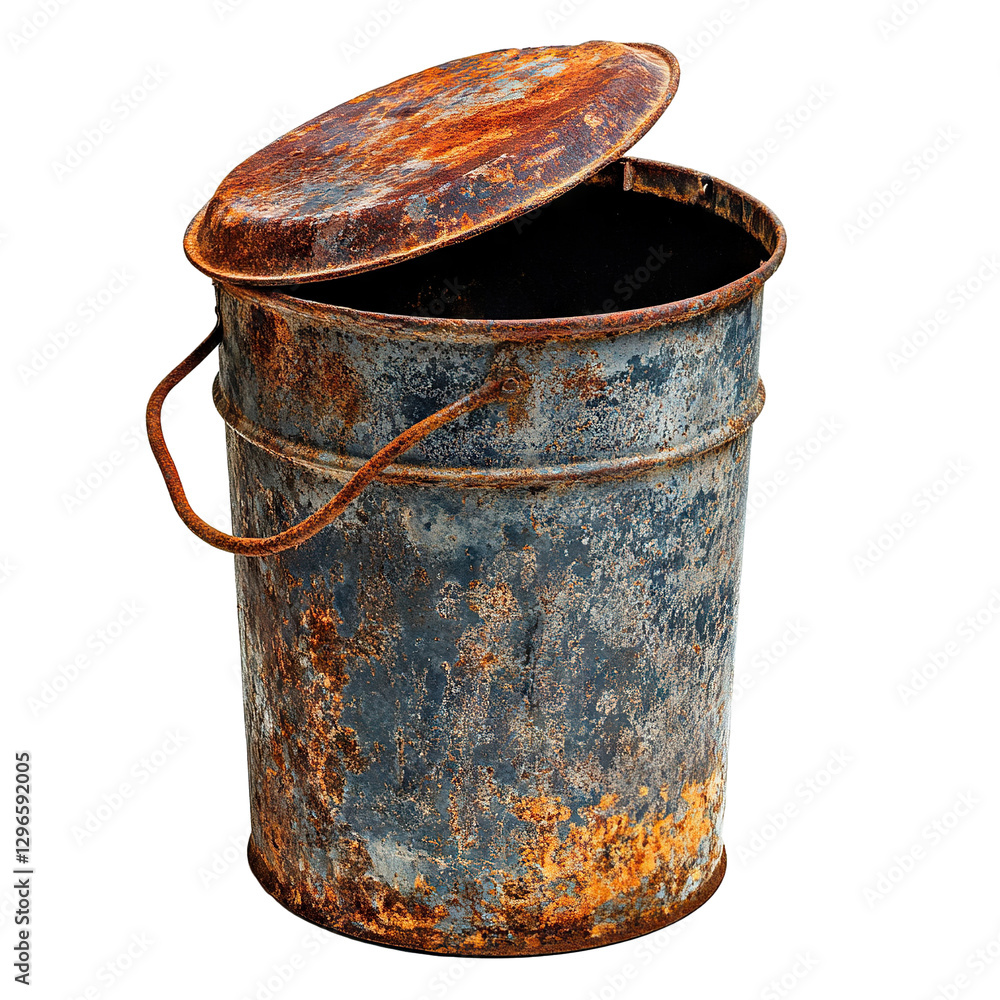 Poster old rusty metal trash can with open lid, isolated on transparent cutout background