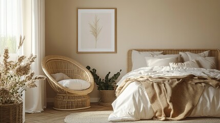 Mock-up frame hanging on the wall above a cozy rattan armchair, warm-toned bedroom with soft bedding, wooden floor, soft natural lighting, neutral decor, 3D render.