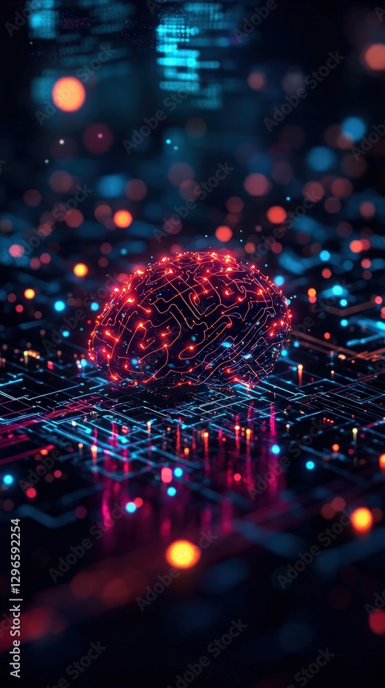 Poster abstract visualization of a colorful brain surrounded by digital circuitry and lights