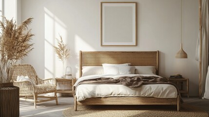 Mock-up frame hanging on a wall in a serene bedroom, light wooden furniture, rattan bed, neutral-toned decor, sunlight streaming through the window, soft ambiance, 3D render.