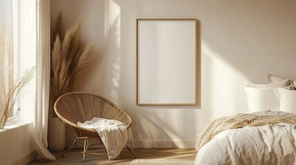 Mock-up frame hanging on a wall in a minimalist bedroom, modern rattan chair, neutral bedding, wooden floors, soft lighting from the window, cozy and calming atmosphere, 3D render.