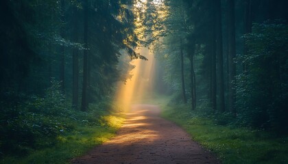 Obraz premium Sunbeams Forest Path Morning (1)