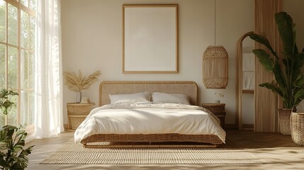 Mock-up frame hanging on a wall in a cozy bedroom, modern rattan headboard, soft beige bedding, natural wood floor, sunlight streaming in from large windows, 3D render.