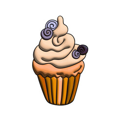Muffin cake, sweet cupcake with cream, delicious pastries. Modern vector illustration, logo for cafe, restaurant, pastry shop. Dessert icon. Symbol for a candy bar.