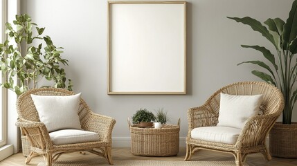 Mock-up frame hanging on a light gray wall in a cozy living room, natural rattan furniture, potted plants, soft pastel decor, light wood floor, natural lighting, 3D render.