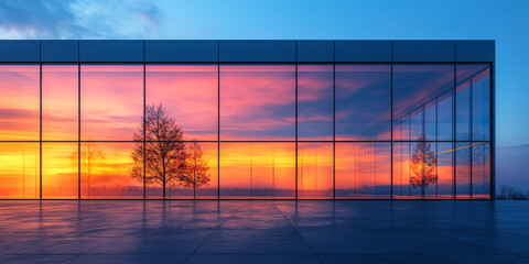 Fototapeta premium Modern office building with glass facade and cityscape at sunset. Modern City Architecture. Business Center in the City. Real estate, commercial property