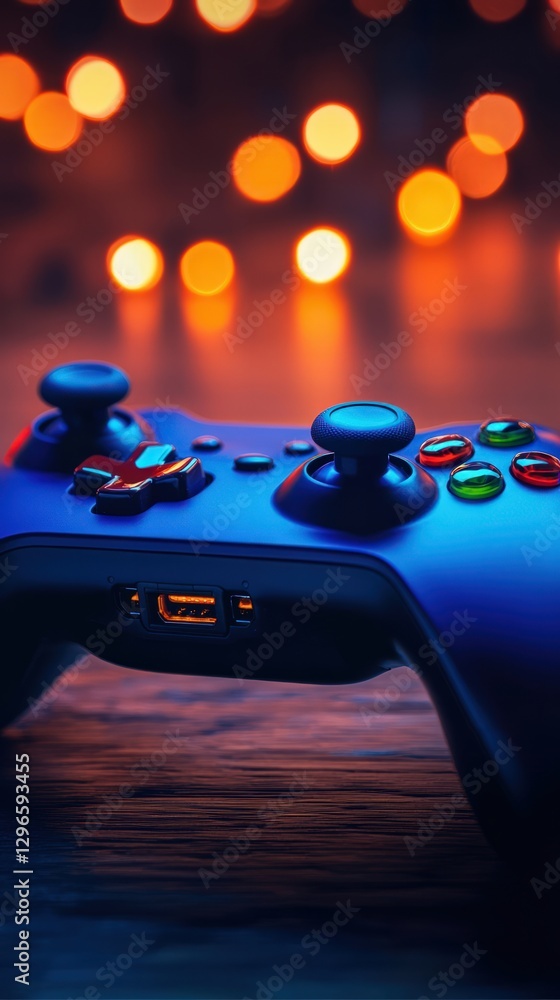 Poster close-up of gaming controller on wooden surface with soft blurry bokeh lights in background