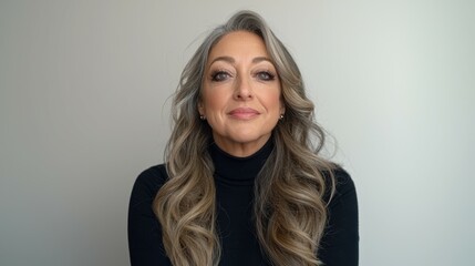 Fototapeta premium A woman with long, flowing wavy hair and elegant makeup sits confidently against a plain backdrop. Her black turtleneck top complements her poised demeanor, evoking a sense of sophistication