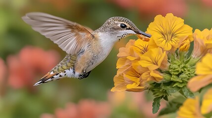 Fototapeta premium Hummingbird feeding on flower, vibrant colors, garden scene. Possible stock photo use