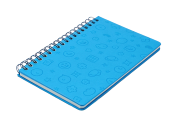 Blue notebook with embossed designs featuring various playful symbols for personal journaling and creativity, cut out
