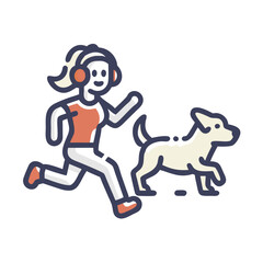 girl wearing headphones is joyfully running alongside dog, both in motion