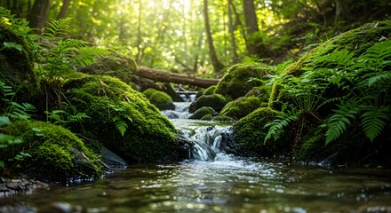 Idyllic Forest Stream Surrounded by Mossy Stones and Verdant Greenery