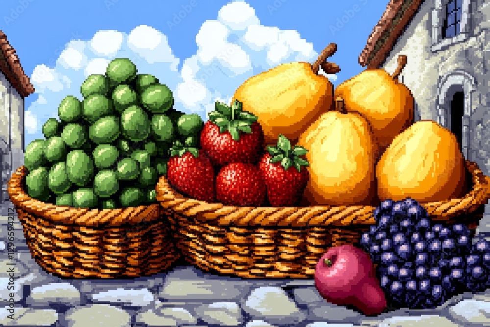 Aufkleber A pixel art fruit stand with tiny animated fruit bouncing slightly in a retro RPG setting