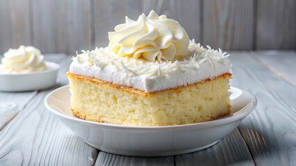 Moist vanilla cake with a rich coconut cream topping and a layer of creamy ricotta on top in a elegant white bowl, ricotta, cake