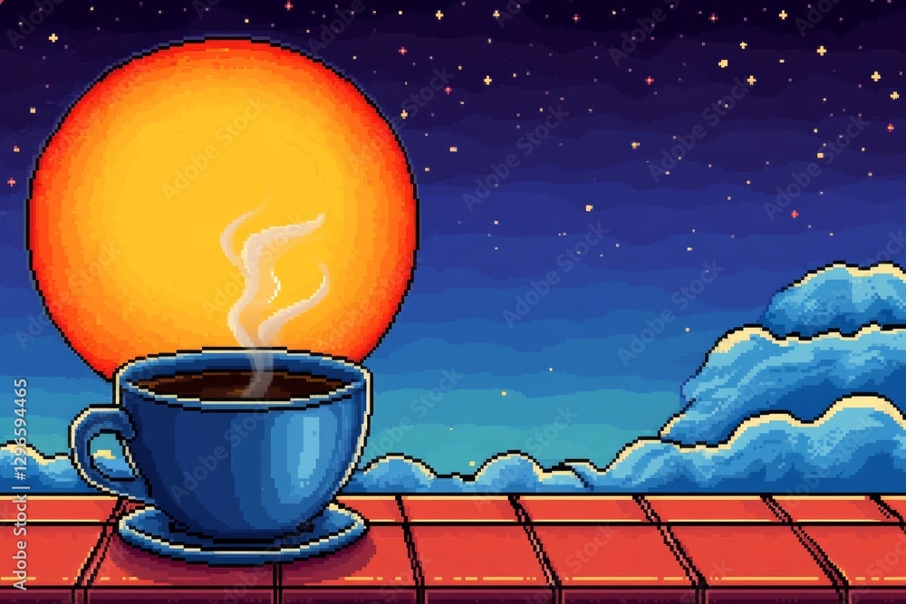 Poster a pixel art representation of a steaming cup of coffee with animated rising steam