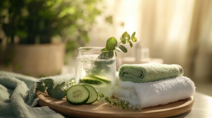Spa setup with a glass of cucumber water, folded towels, and fresh greenery in soft sunlight.