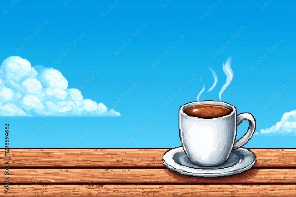 Poster a pixel art representation of a steaming cup of coffee with animated rising steam