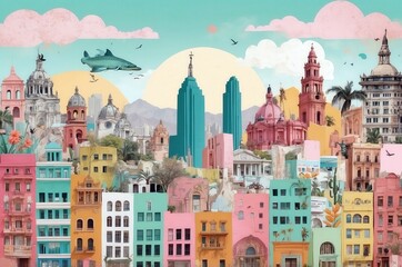 Colorful urban landscape showcasing a blend of historical and modern architecture in a vibrant city setting