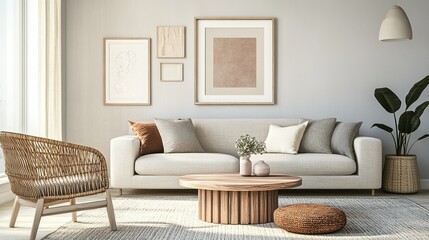 Fototapeta premium Mock-up frame in a minimalistic living room, light gray walls, large window, modern rattan chair, natural wooden coffee table, cozy decor, framed art on the wall, 3D render.