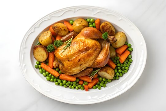 a white circular plate of a traditional roast chicken with roast potatoes, roast carrots, peas realistic food photography on a white background.