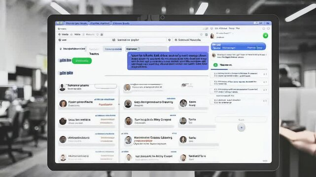 A digital workspace interface is shown, featuring team management and communication tools