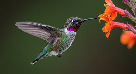Fototapeta premium hummingbird feeding from orange flower in mid-flight