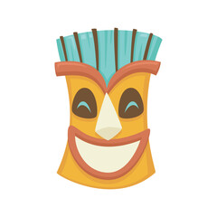 smile yellow wooden tribal mask with flat vector design.
