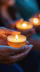 Close-up of hands holding a lit candle in a moment of reflection during a vigil.