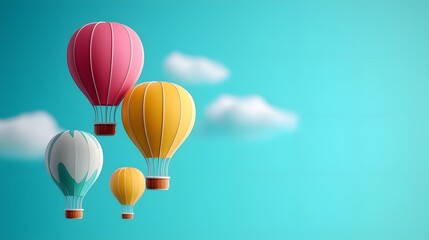 Fototapeta premium Whimsical and colorful hot air balloons drifting gracefully across a soft blue sky with fluffy white clouds evoking a sense of wonder adventure and peaceful escapism