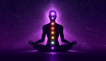 Meditating figure with chakras, cosmic background