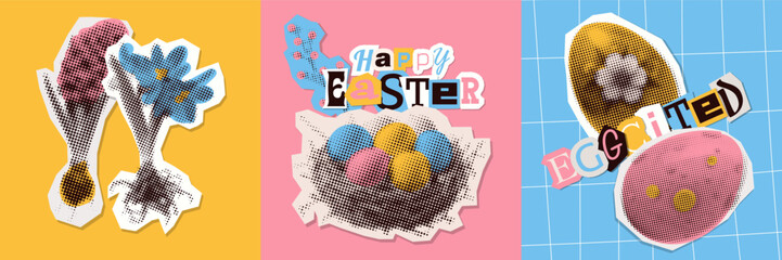 Happy Easter compositions set. Collection festive pop art mixed media collages. Card, cover, poster collection in modern bright abstract style with eggs, nest, flowers. Vector holiday illustration.