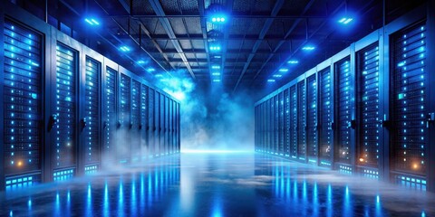 Virtual servers and data centers with bright blue lights and foggy atmosphere at night , data centers