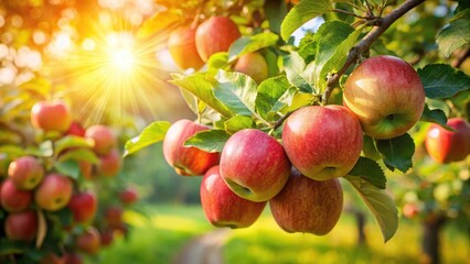 Freshly picked apples hanging from a tree branch, ripe and juicy, with sunlight filtering through the leaves , fruit