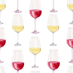 Glasses of white and red wine. Geometric ornament. Hand-drawn with watercolor. Seamless pattern for wrapping paper, wallpaper and packaging