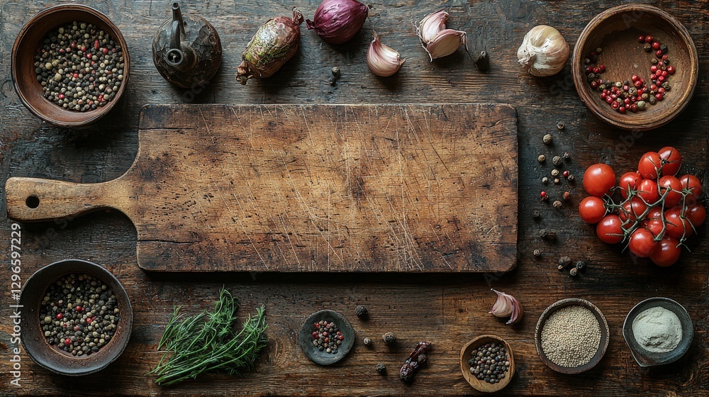 Poster vibrant array of fresh vegetables displayed on a wooden cutting board in a culinary setting