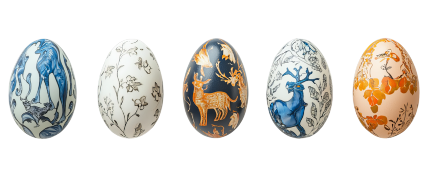 Png of Hand-Painted Fantasy Easter Eggs – Nature, Mythical Creatures, and Floral Designs on transparent background.