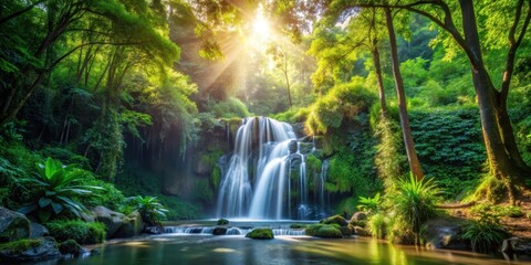 Fototapeta premium Waterfall surrounded by dense foliage and vibrant greenery with sunlight filtering through the trees, creating a dappled effect on the forest floor , dappled, sunlight