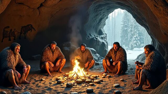 Primitive Humans Are Gathering Together Around a Fire Inside a Cave