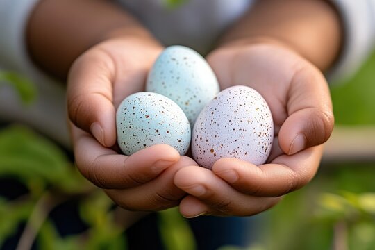 A child’s hands cradling three beautifully speckled eggs, embodying the spirit of creativity and togetherness during an outdoor egg hunt in a serene garden environment.