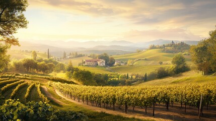 Naklejka premium Rural European Landscape with Vineyards and Rolling Hills By Generated AI