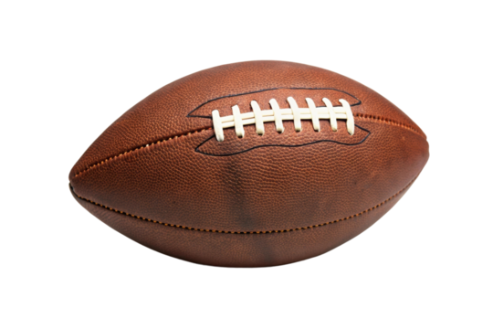Classic brown football ready for the game on a field under clear skies with excitement for the championship match ahead, cut out