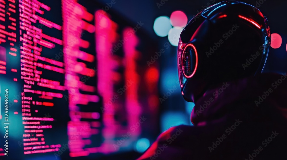 Poster cybersecurity professional analyzing data on multiple monitors with neon lights at night