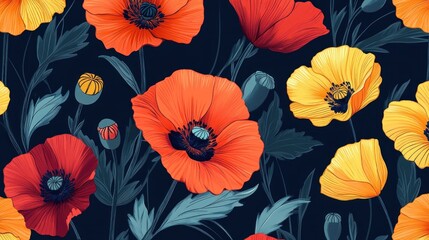 Poppies Blooming on Dark. Floral, Seamless
