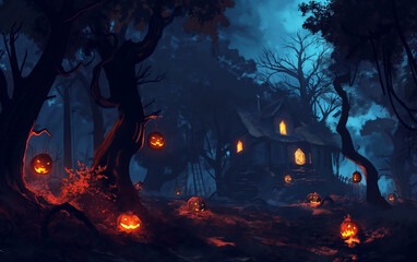 Fototapeta premium Haunted House in a Dark Forest with Full Moon – Halloween Concept