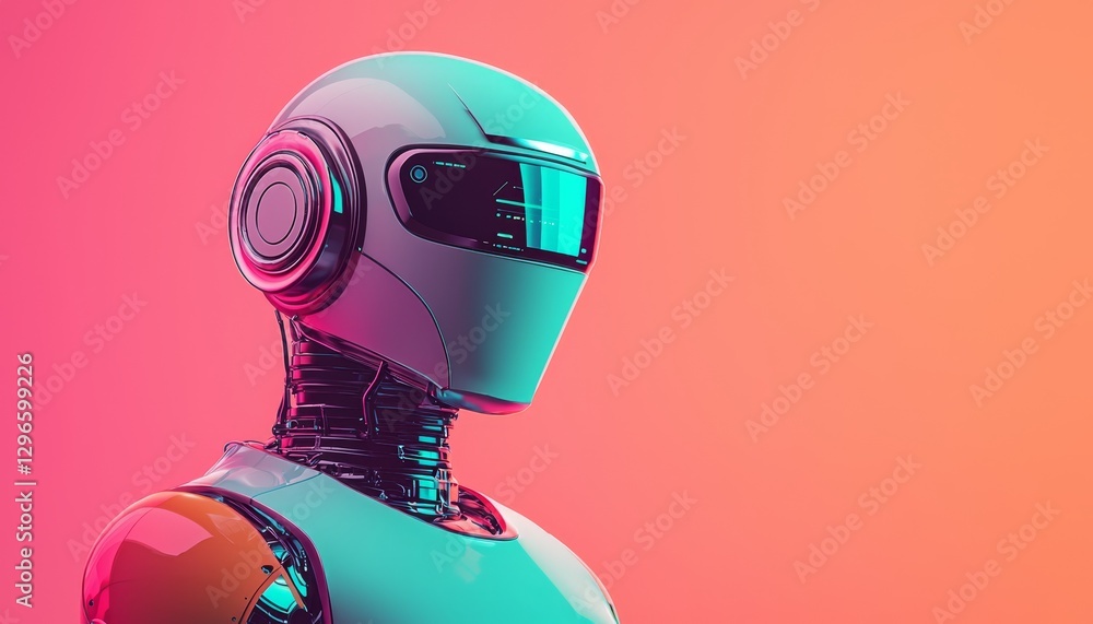 Poster a futuristic robot with a sleek design and vibrant colors stands against a gradient backdrop, embody