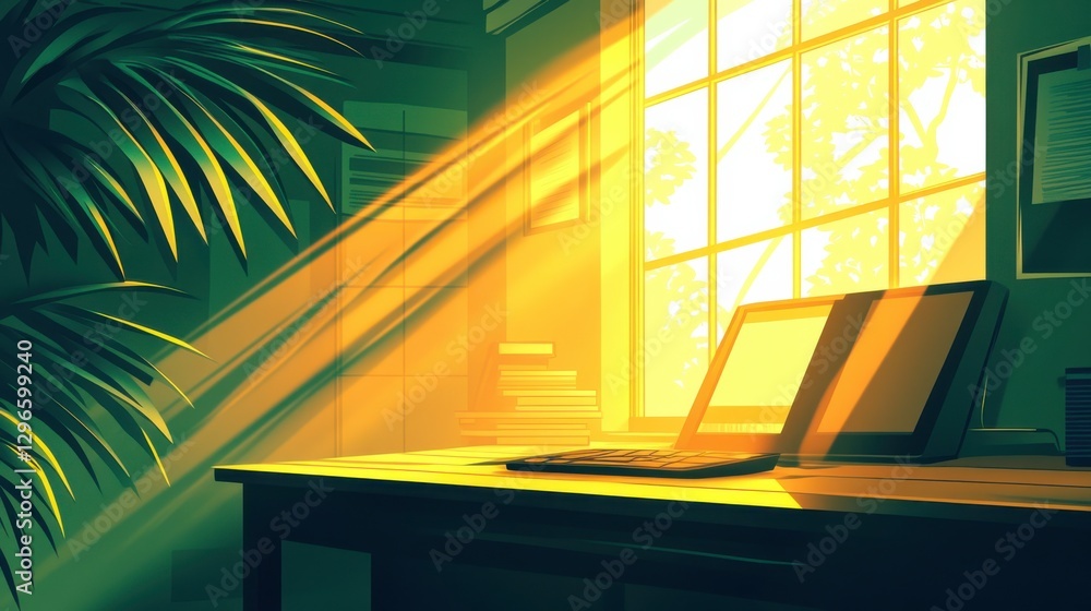 Poster serene workspace with soft light and greenery