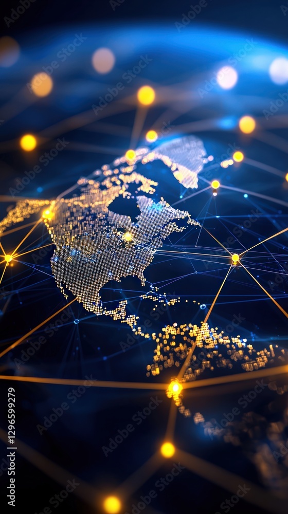 Poster digital network representation of north america with connected nodes and illuminated lines
