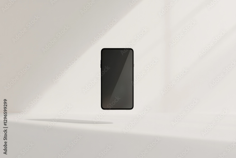 Poster minimalistic smartphone floating in white void sleek black screen reflecting subtle highlights