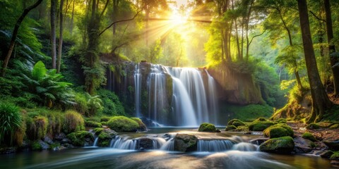 Fototapeta premium Waterfall in forest with sunlight filtering through trees, waterfall, landscape, waterfall, landscape
